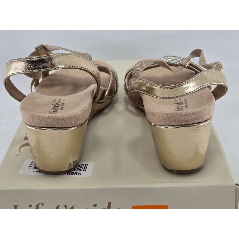 LifeStride Mimosa Sandals Womens 8.5 Gold Rhinestone Wedge Dress Shoes - New